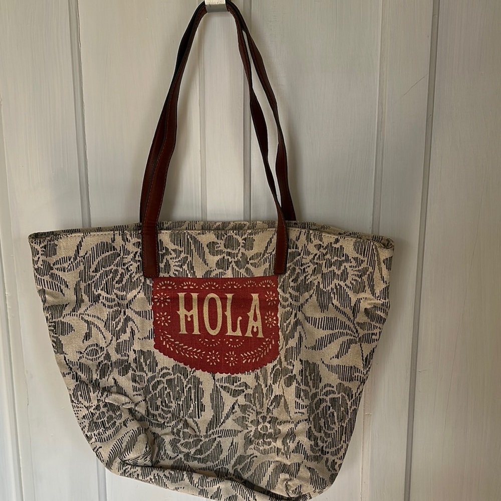 Lucky Brand Red and Gray Floral Tote with Hola Accent